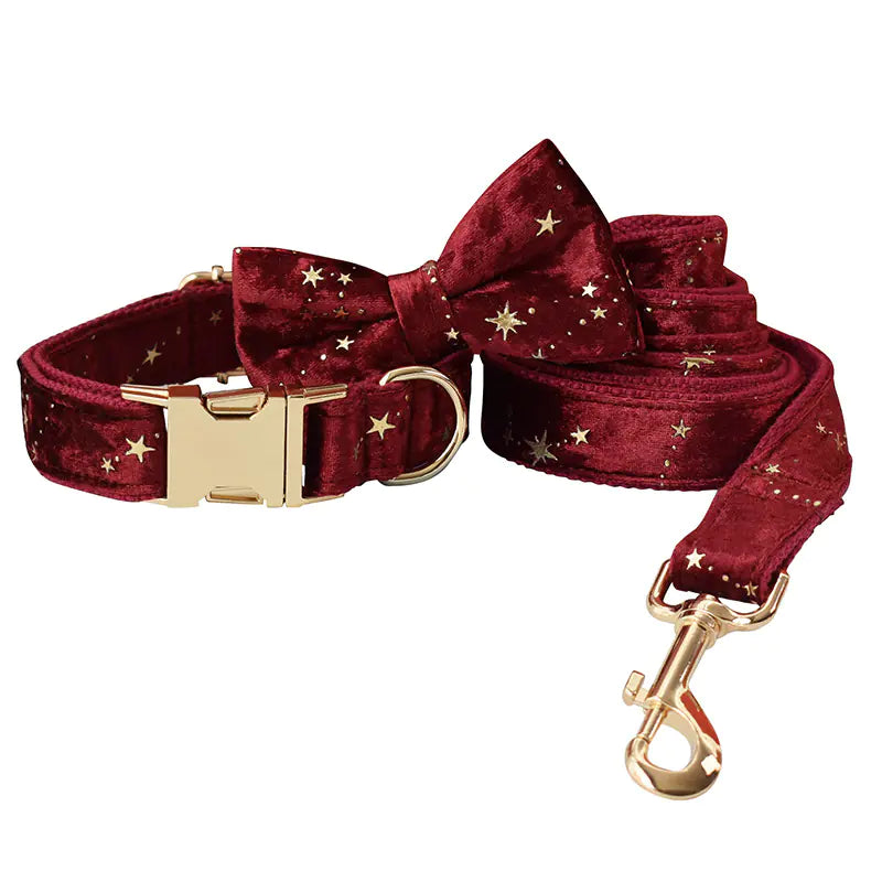 Burgundy Star Flannel Pet Collar with Bow