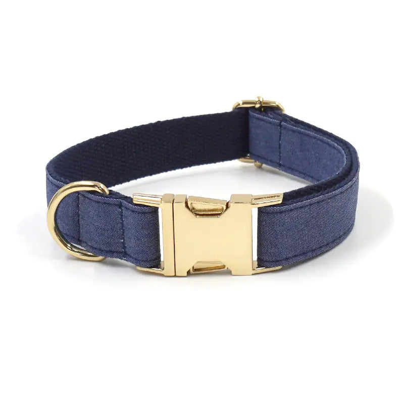 Deep Denim Gold Buckle Pet Collar with Leash & Bow Tie
