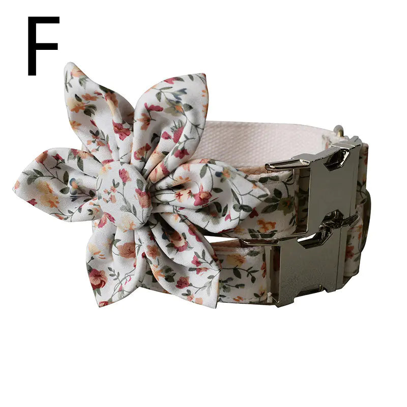 White Flower Pet Collar and Leash with Metal Buckle