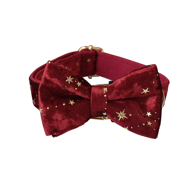 Burgundy Star Flannel Pet Collar with Bow