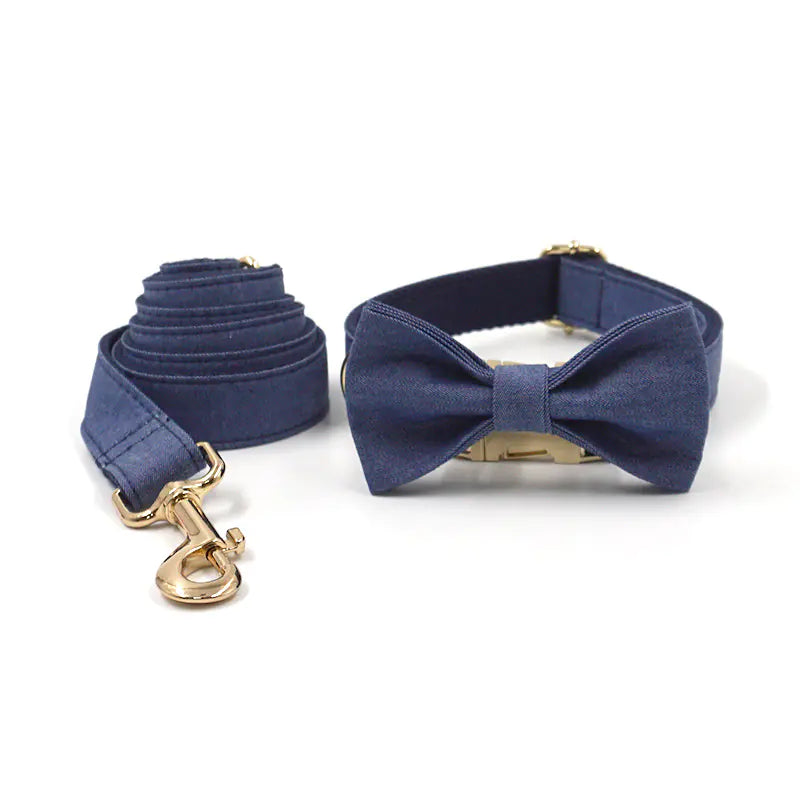 Deep Denim Gold Buckle Pet Collar with Leash & Bow Tie