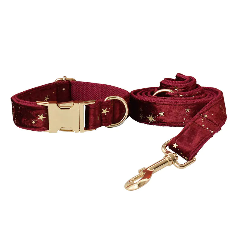 Burgundy Star Flannel Pet Collar with Bow