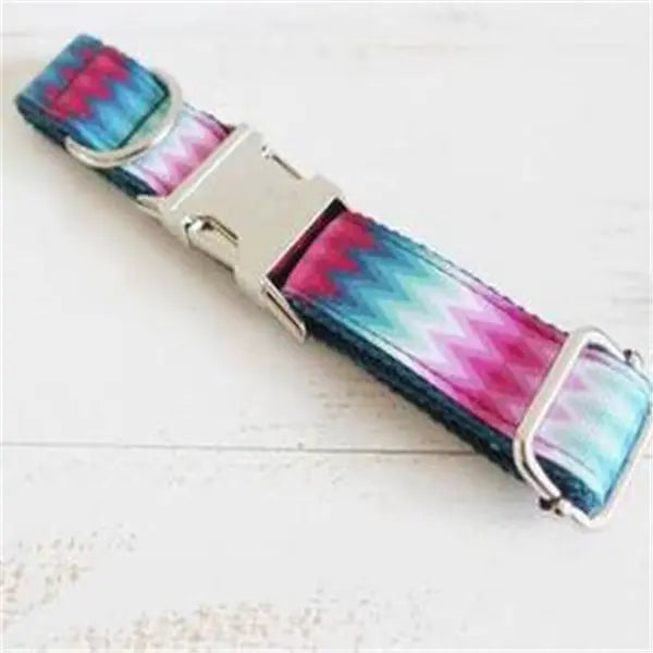 Patterned Dog Collar with Colorful Leash Set and Metal Buckle